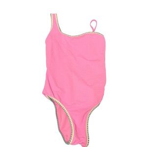 Mango MNG Girls Pink Seersucker One Shoulder Swimsuit Crochet Trim Size 11-12
